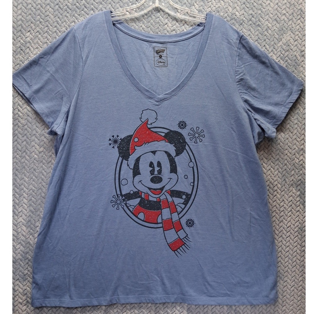 Old Navy Disney Mickey Mouse Santa Christmas T-Shirt Blue V-Neck 3X 329021-00